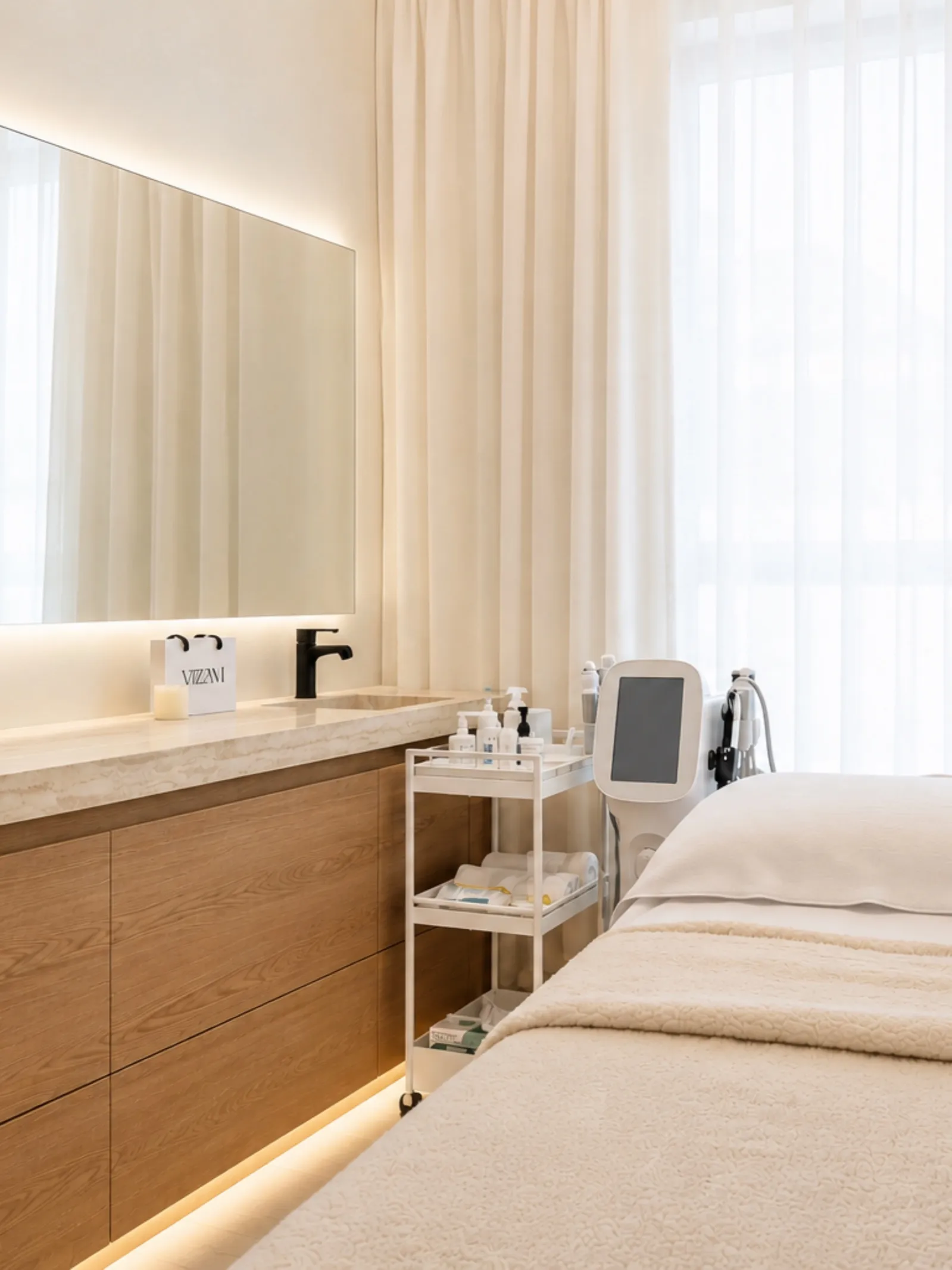 Treatment room at AZIZAM beauty salon in Dubai — facial bed, lit mirror and equipment